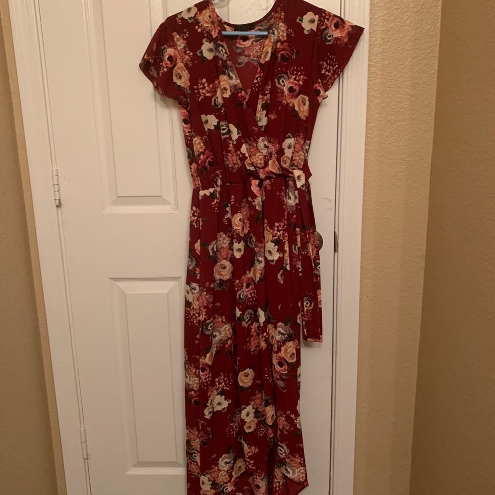 Floral high-low faux wrap dress
